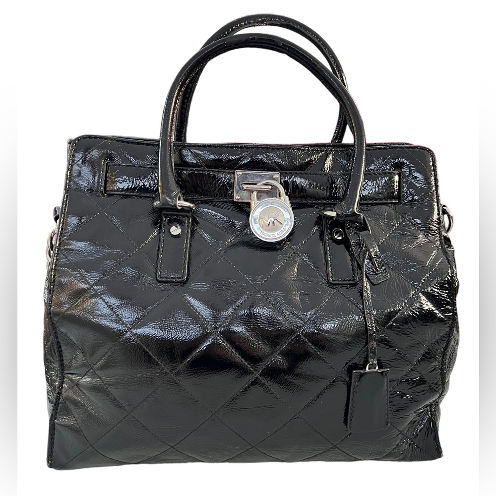 Michael Kors Hamilton Quilted Shiny Black Padlock Shoulder Bag Large